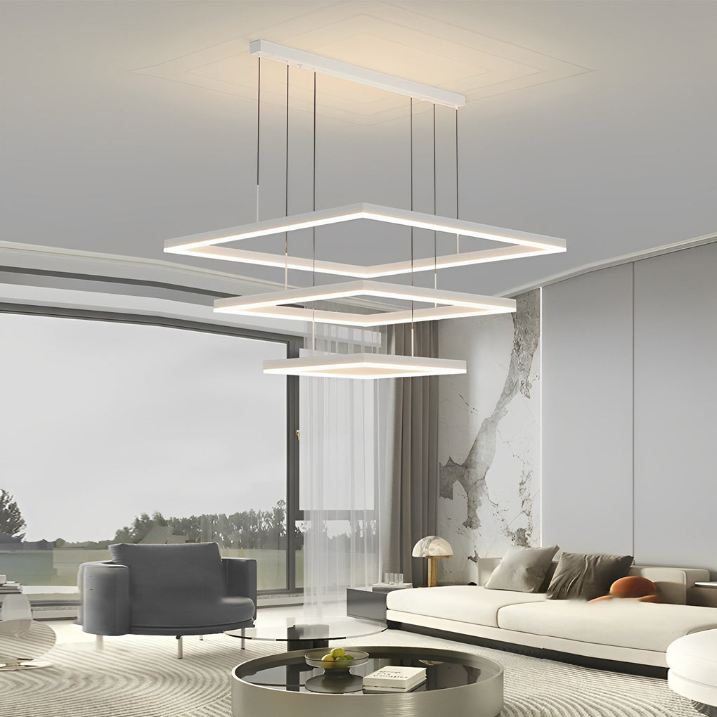 Ultra-Thin Square Ring LED Chandelier — White Aluminum, Three-Step Dimming, 3000K/4500K/6000K