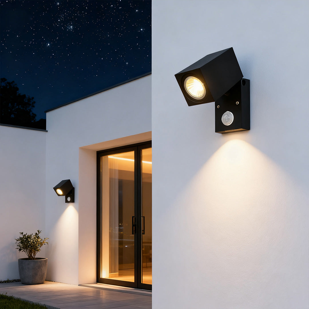 Square Adjustable Outdoor Wall Sconce — Black Aluminum, 5W COB LED, Motion Sensor, IP65, 3000K / 6000K
