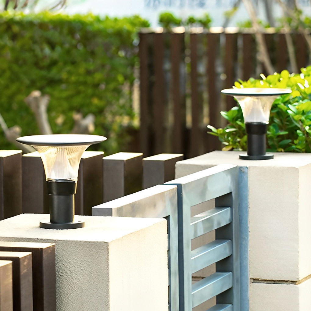 Modern Black Round Solar Post Cap Light — Die-Cast Aluminum, LED, Dimmable, IP55, Warm/White, 9" Diameter
