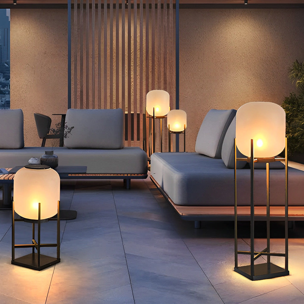 Lantern Outdoor Floor Lamp — Black Stainless Steel & Acrylic, LED, Solar or Hardwired, IP65, 3000K