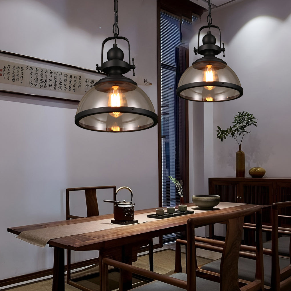 Retro Industrial Bowl Pendant Light — Iron and Antique Glass, E27, Hardwired, 12.2" Diameter