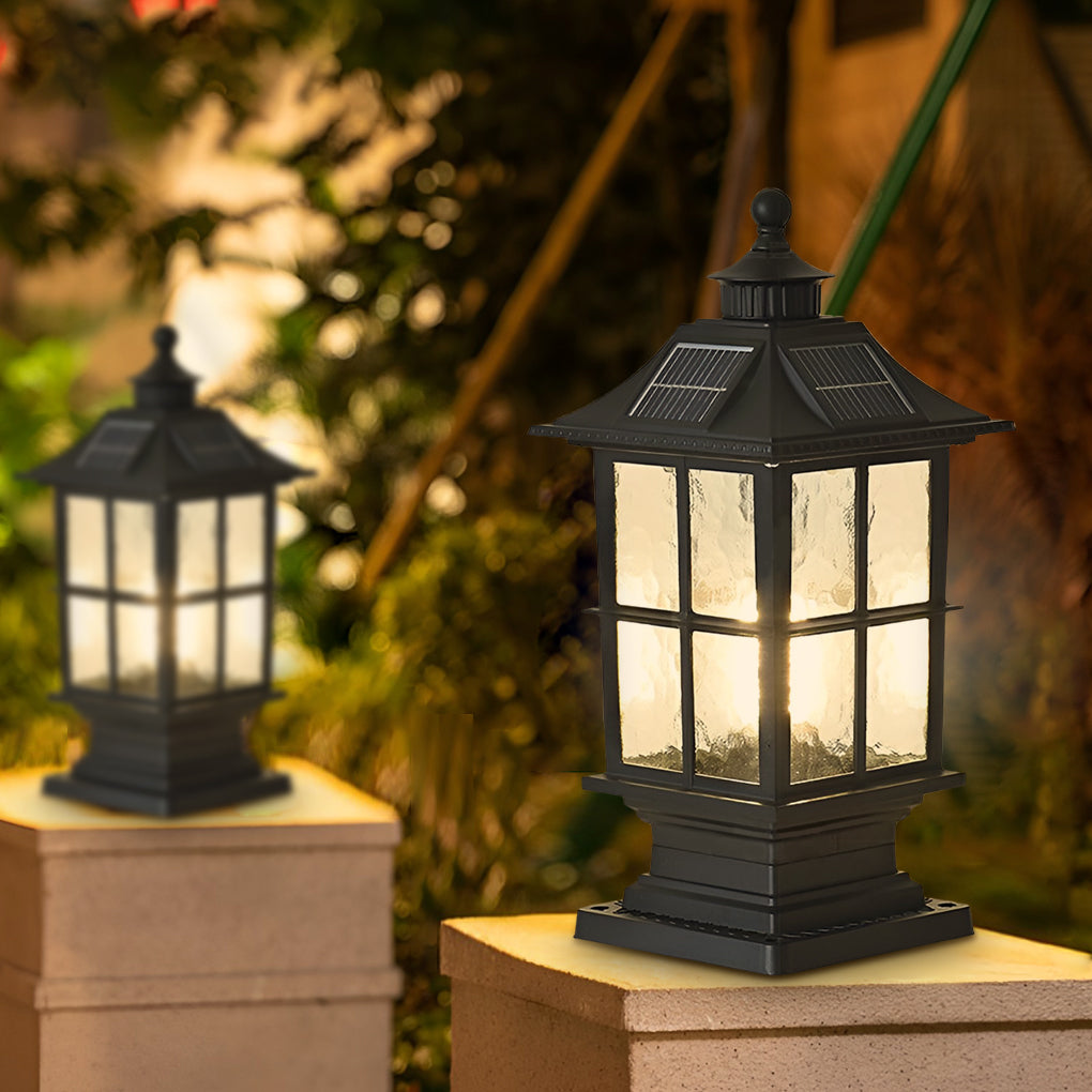 Modern Black Solar Post Cap Pillar Light — Die-Cast Aluminum & Glass, E27 LED, Remote Control, Dimmable