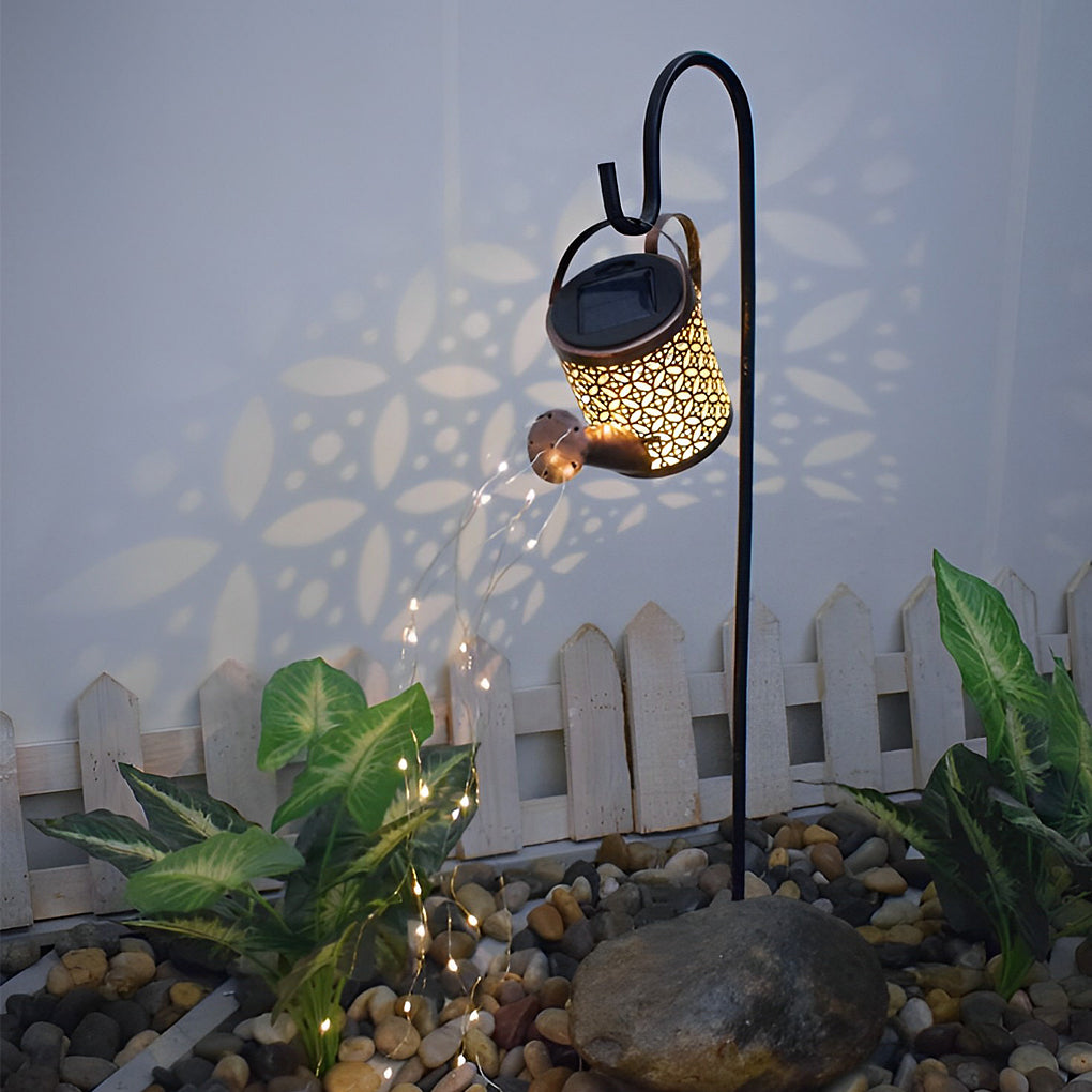 Iron Kettle Shower Solar Garden Light — Iron, LED, IP55 Weatherproof, Dusk-to-Dawn