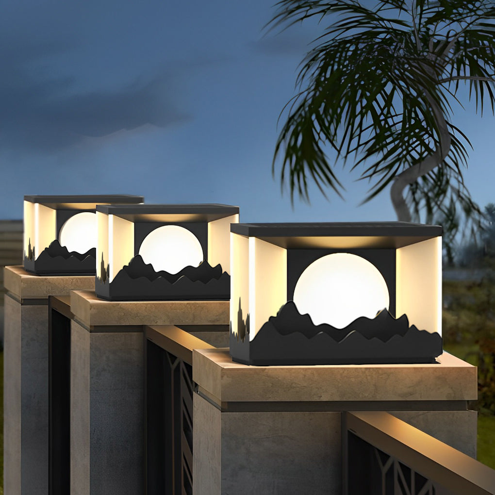 Mountain Scenery Solar Fence Post Cap Light — Stainless Steel & Acrylic, LED, IP65 Weatherproof, 3000K Warm White