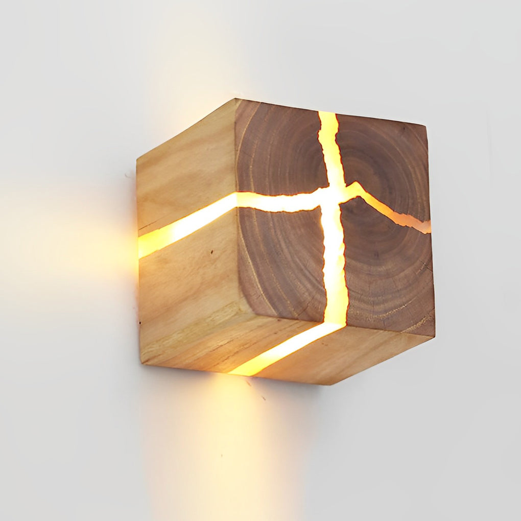 Square Cracked Wood Grain Wall Sconce — Wood and Resin, G4, Warm White 3000K, Rustic Modern
