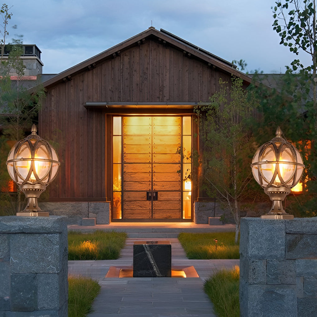 Round Glass Outdoor Post Cap Light — Aluminum, E27, Waterproof, Black or Bronze