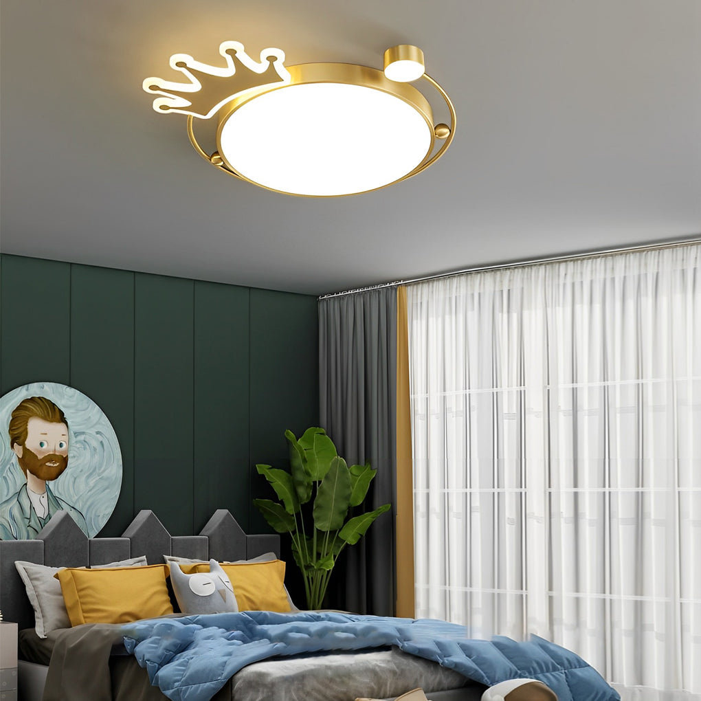 Round Cartoon Crown LED Flush Mount — Copper & Acrylic, Three-Step Dimming, 19.7" or 23.6"