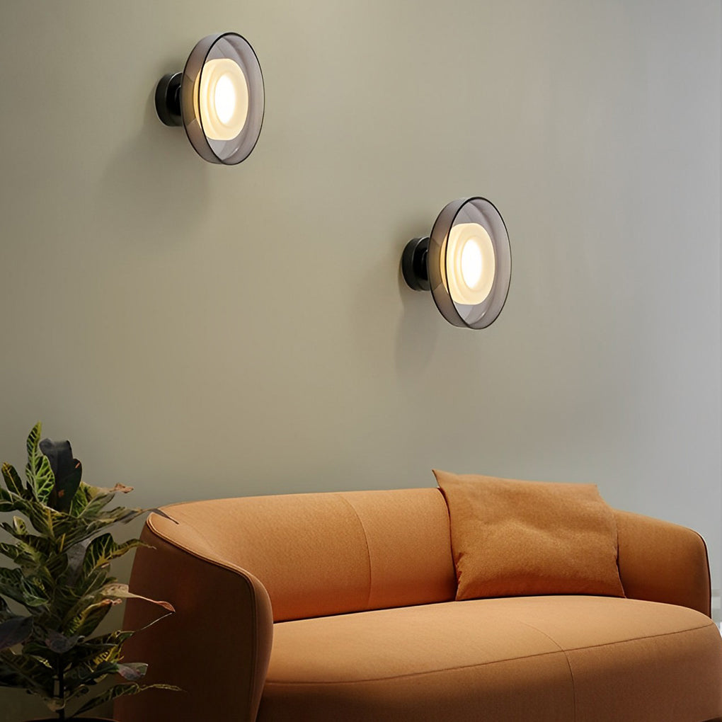 Postmodern Round Glass Wall Sconce — Smoke Gray or Clear, LED, 3000K, 9" Diameter