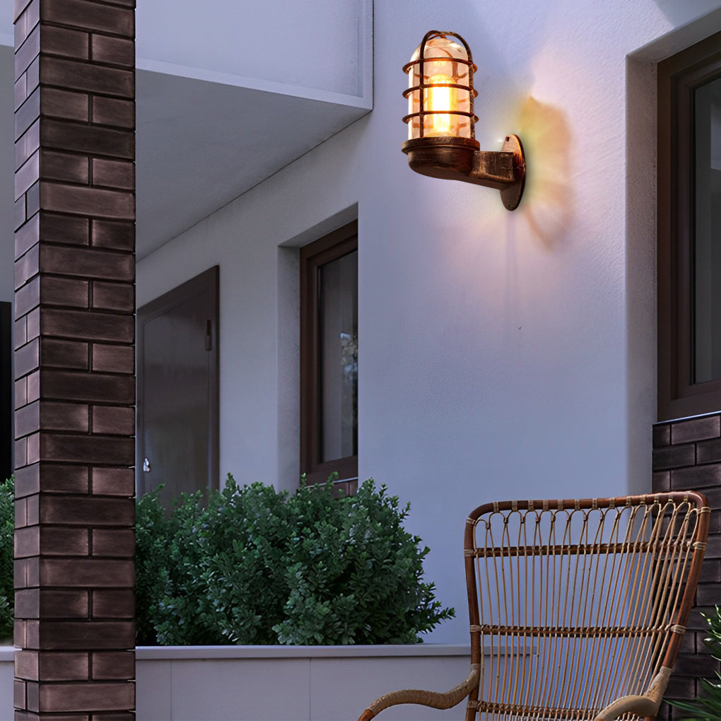 Retro Cage Outdoor Wall Sconce — Die-Cast Aluminum and Glass, 4W LED, E27, Waterproof, 6" × 9"