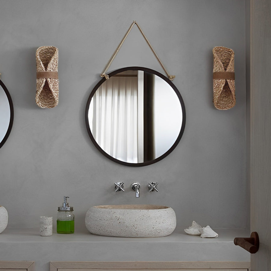 Japanese Retro Rattan Wall Sconce — Wood Base, Handwoven, Up/Down LED, G9, 3000K