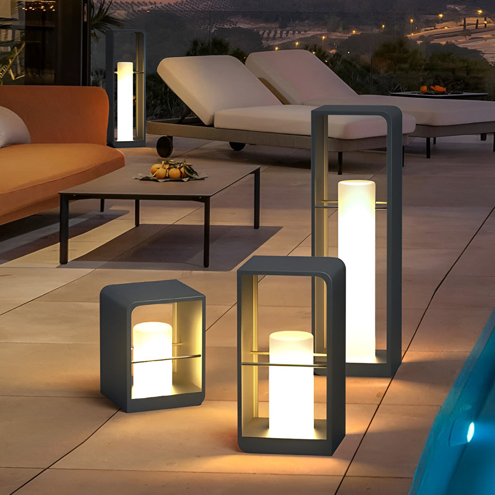 Modern Black Rectangular Frame Outdoor Lantern — Stainless Steel & PMMA, Solar / Hardwired, LED 3200K, IP54, 11", 17", or 29"