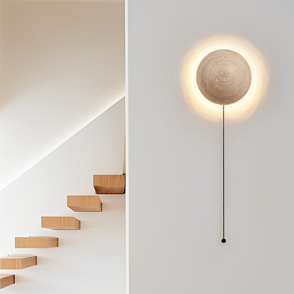 Round Travertine Stone LED Wall Sconce — Japandi Minimalist, 15W Warm White (3000K), 6" Diffused