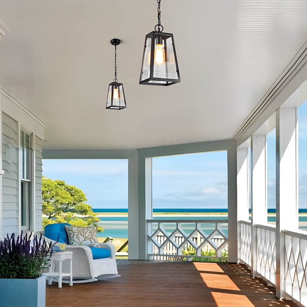 Black Outdoor Hanging Chandelier — Iron and Glass, 6W LED E27, Waterproof, 7" Wide