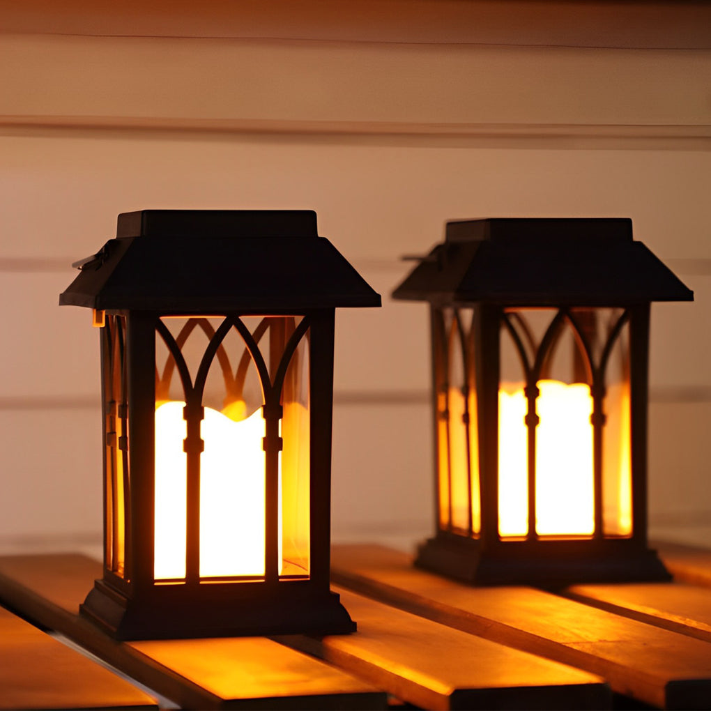 Black Solar Outdoor Portable Lantern — Glass, LED, IP54 Weatherproof, 3000K Warm White