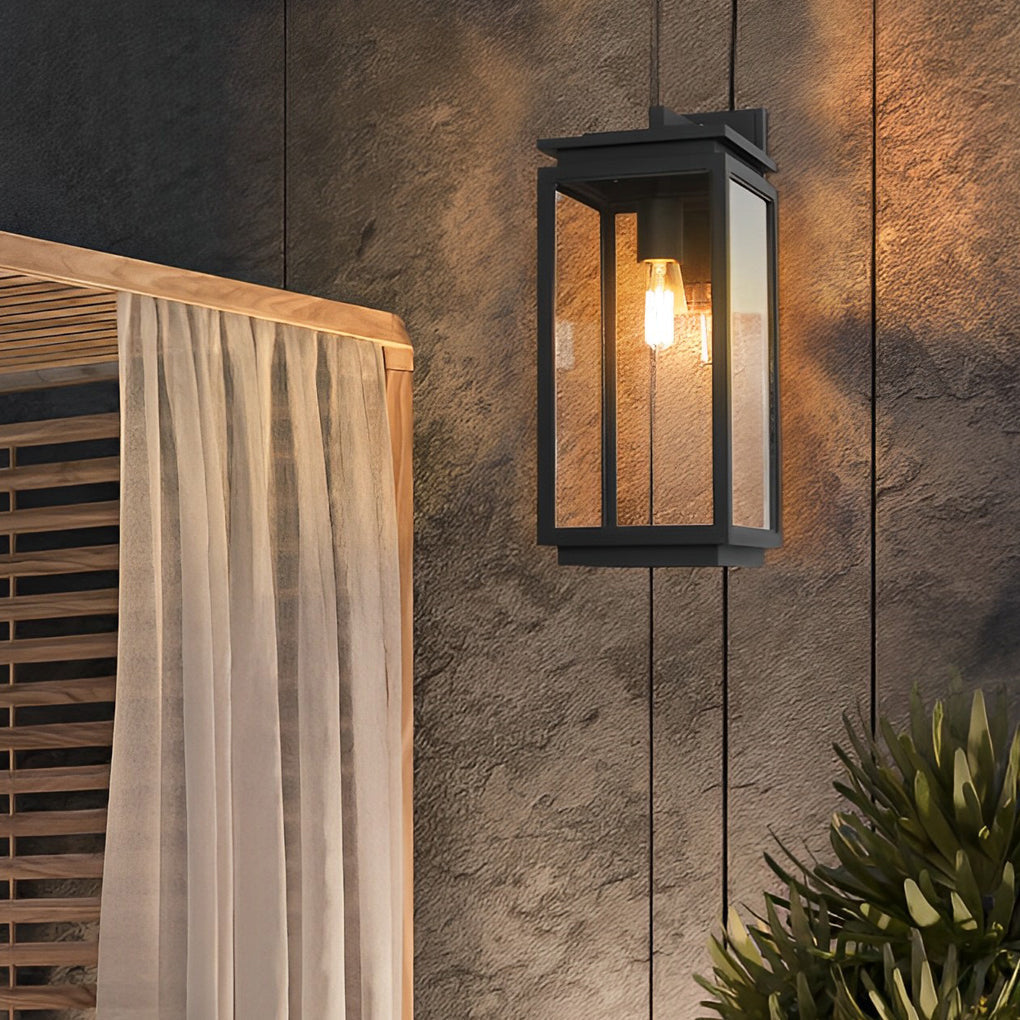 Industrial Outdoor Wall Sconce — Black Die-Cast Aluminum and Glass, Rectangular, Waterproof, E27