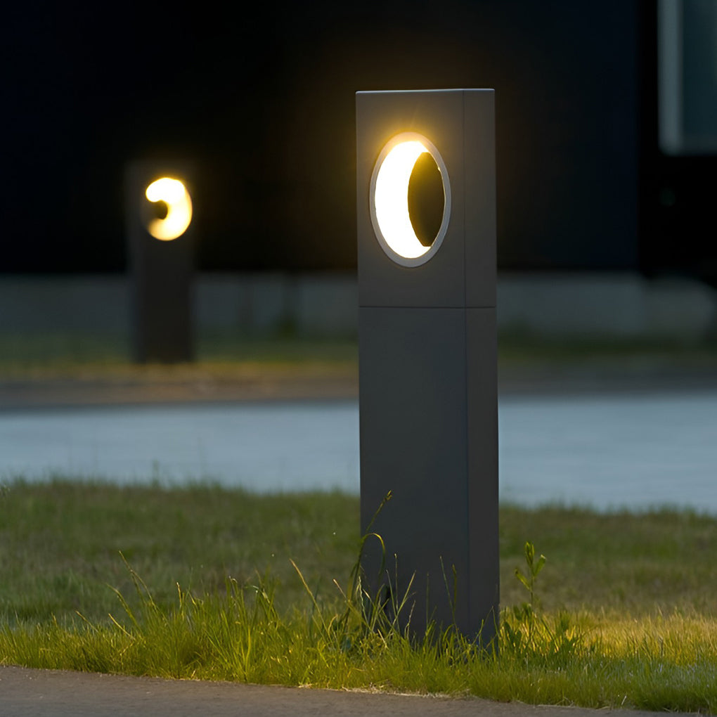 Modern Round-Hole Outdoor Bollard Light — Aluminum & Tempered Glass, 7W LED, IP54, Hardwired