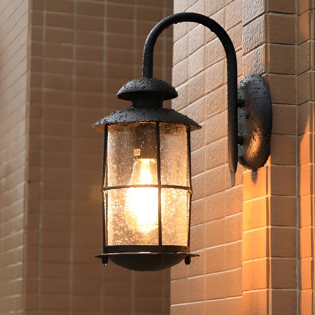 Industrial Outdoor Wall Sconce — Black Iron and Glass, Plug-in, E27, LED, 7" × 16"