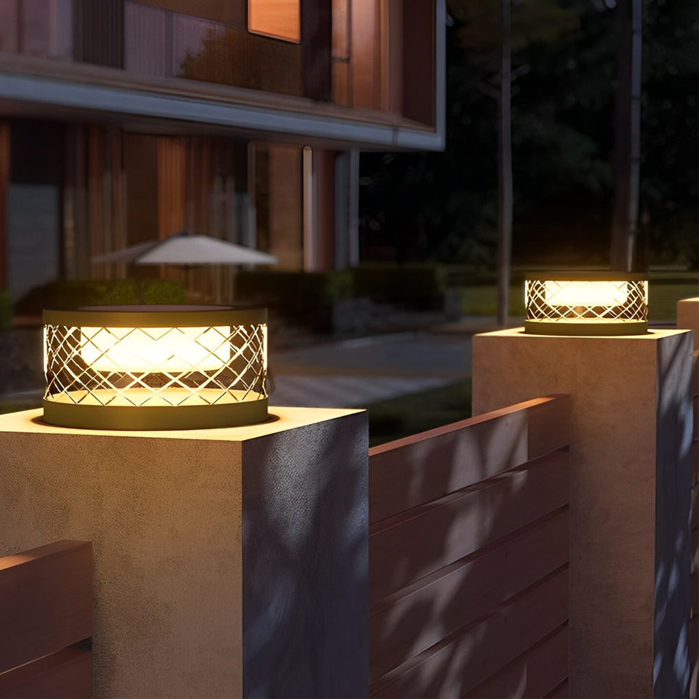 Modern Round Solar Post Cap Light — Black Acrylic & Stainless Steel, LED 3000K, Waterproof