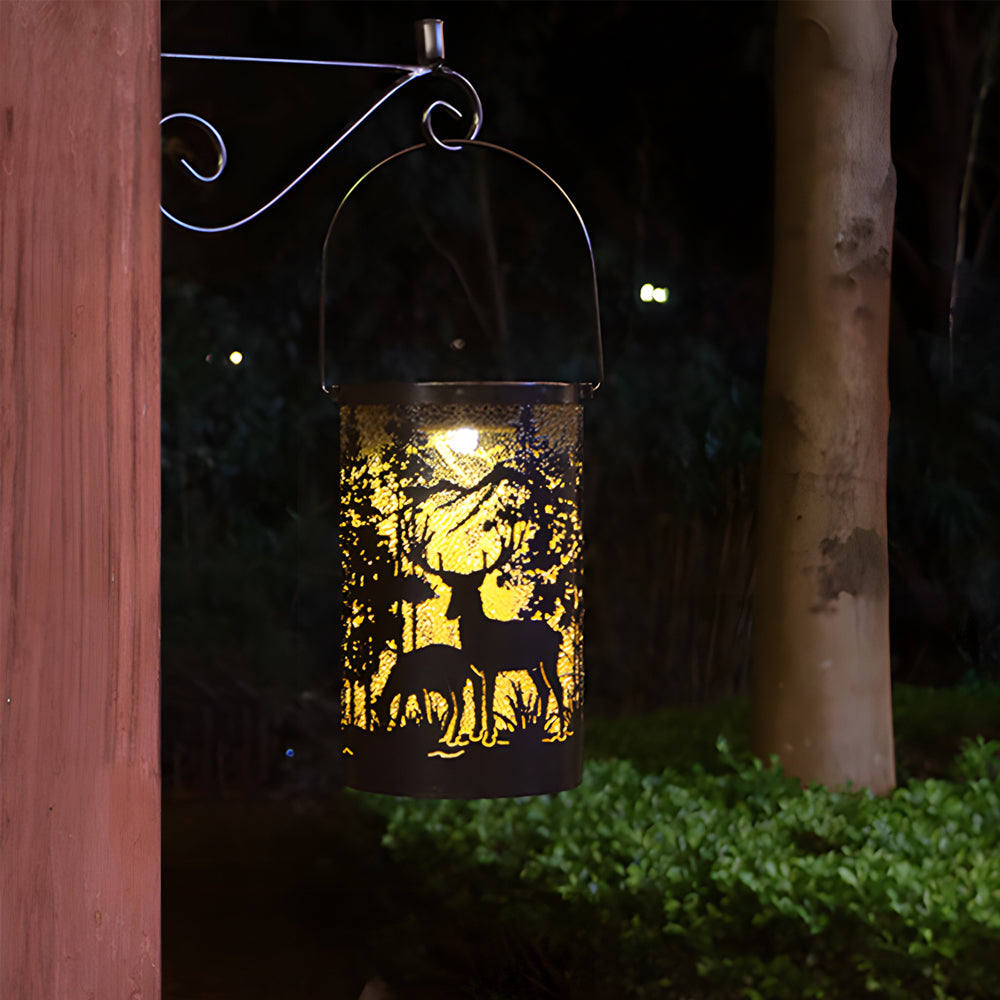 Iron Hollow Deer Silhouette Hanging Solar Lantern — Black, LED, IP65 Weatherproof, Warm White 3000K