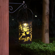 Iron Hollow Deer Silhouette Hanging Solar Lantern — Black, LED, IP65 Weatherproof, Warm White 3000K