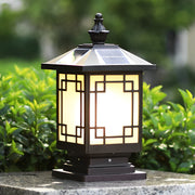 Brown Solar Fence Post Light — Die-Cast Aluminum, Retro Grille, Three-Color LED, IP65 Weatherproof