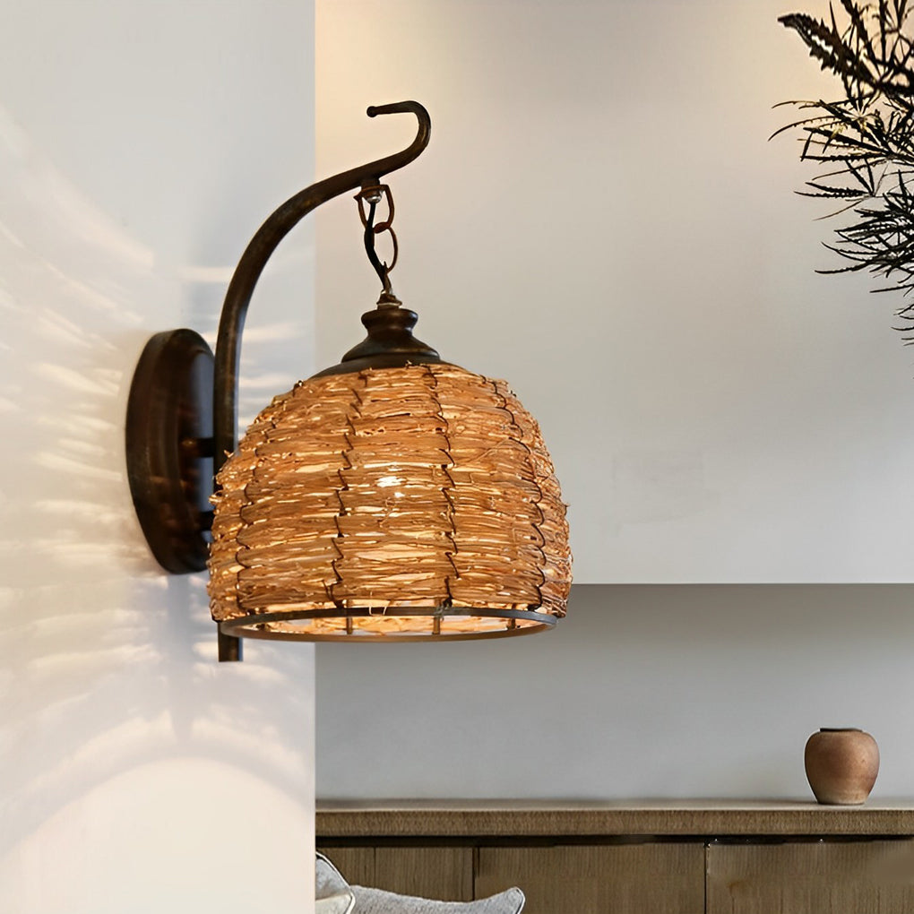 Rustic Handwoven Rattan Wall Sconce — Iron, E27, 8" Diameter, Warm White 3000K