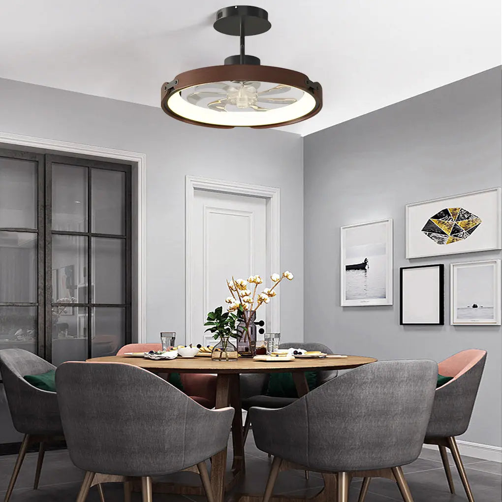 Modern Bladeless Ceiling Fans with Round Wood Design, LED Lighting, and 3-Step Dimming App Control Luxe