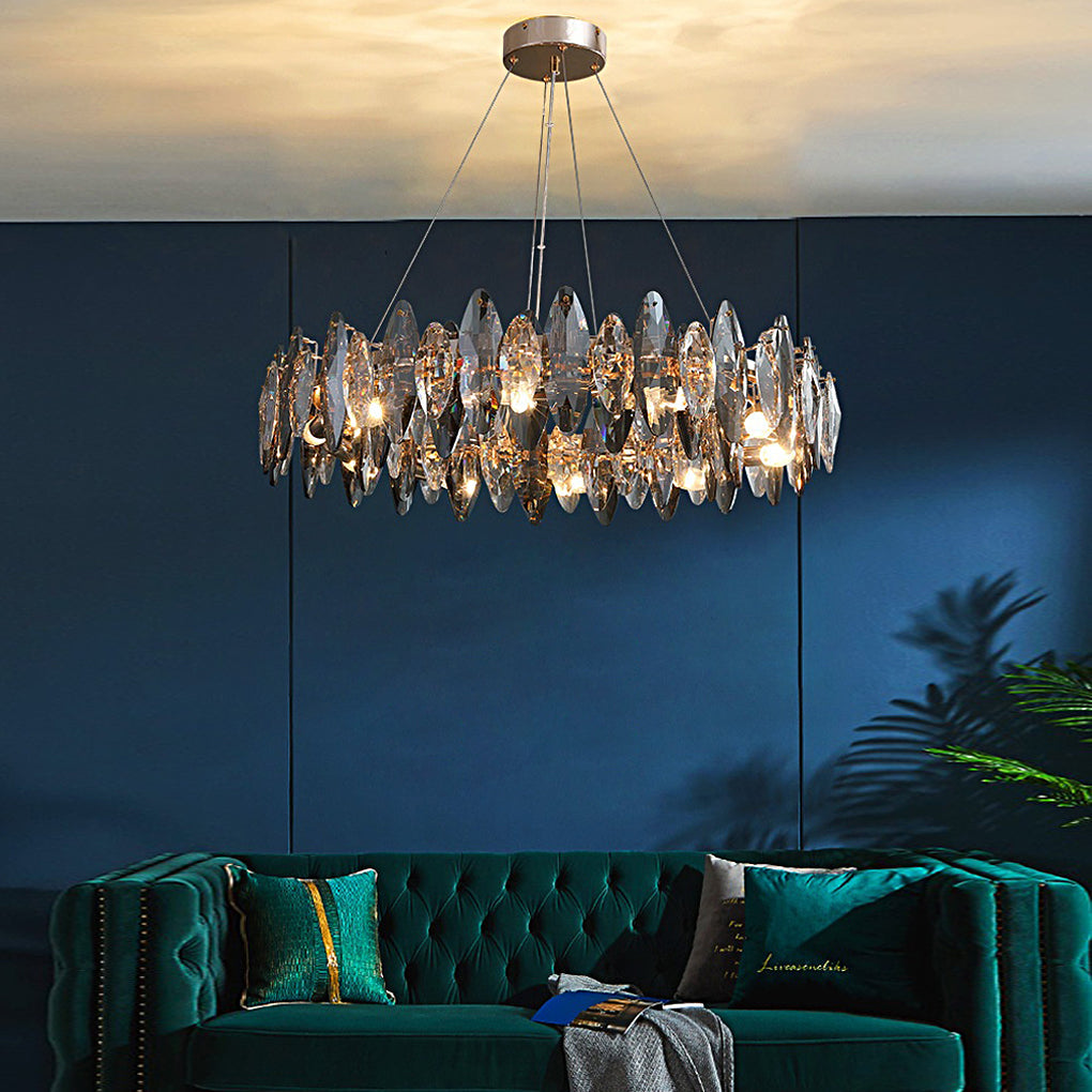 Oval Crystal Chandelier — Smoke Gray & Transparent K9 Crystal, Iron, LED, 3000K Warm White, 20"–39" Diameter