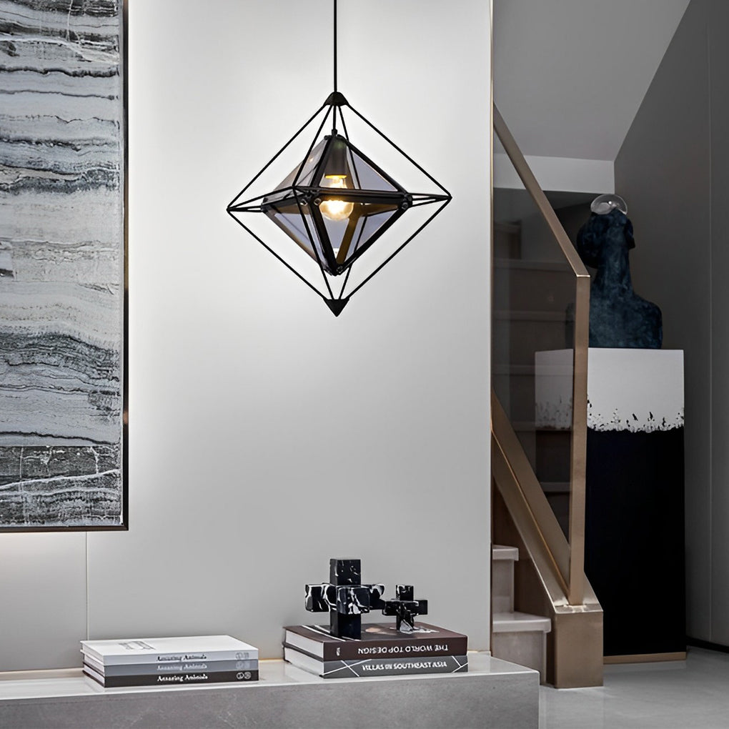 Modern Geometric Glass Pendant Light — E27, 16" Diameter, Amber or Smoke Gray, Gold or Black Finish