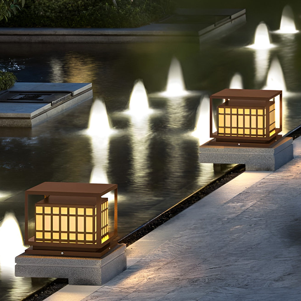 Modern Square Outdoor Pillar Light — Stainless Steel, Brown, LED, IP65 Weatherproof, 3000K Warm White