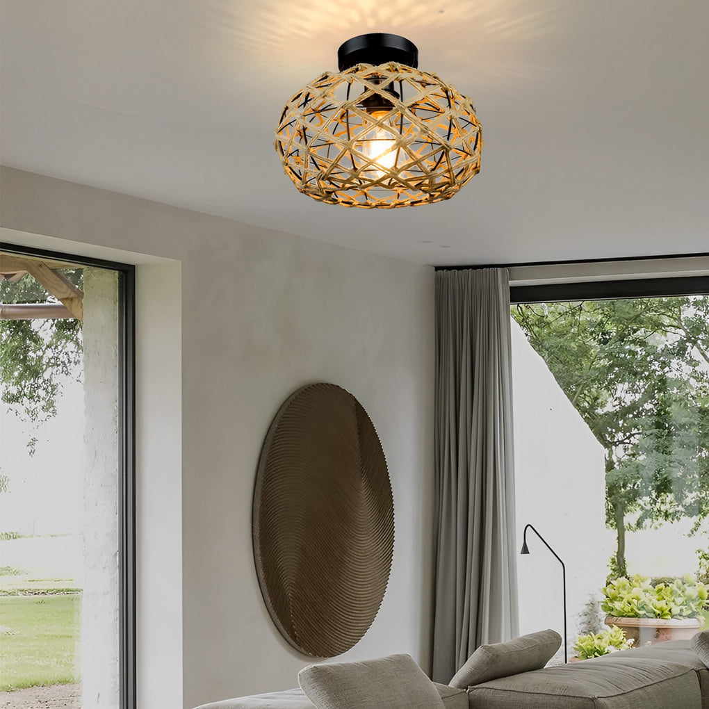 Beige Retro Minimalist Round Hand-Woven Cage Rope Ceiling Light Chandelier