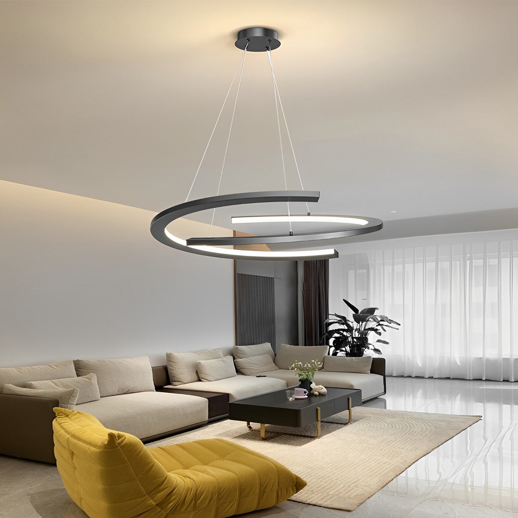 Modern Black Semi-Circular Chandelier — Aluminum & Acrylic, 2-Light LED, 3-Step Dimming, 24"
