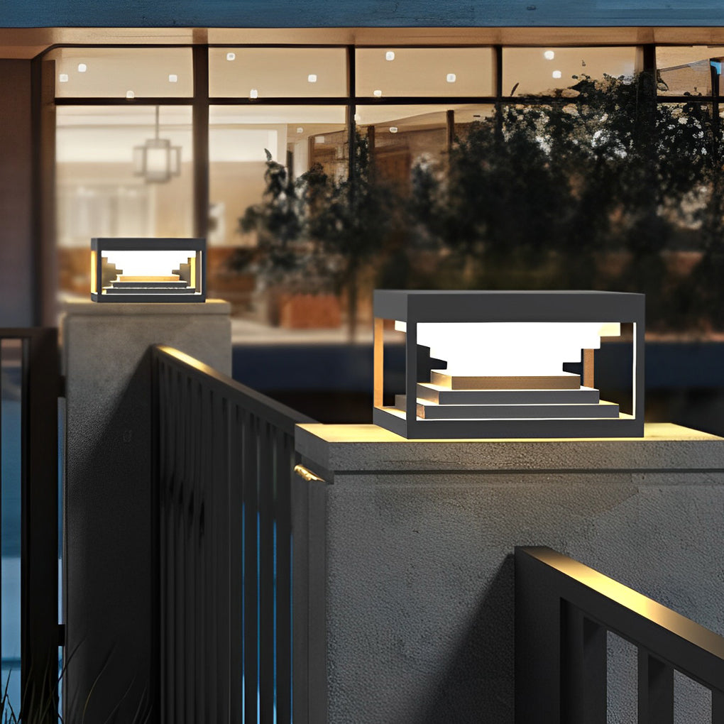 Modern Square Solar Post Cap Light — Black Stainless Steel, LED 3000K, IP65, 7.87"–15.75"