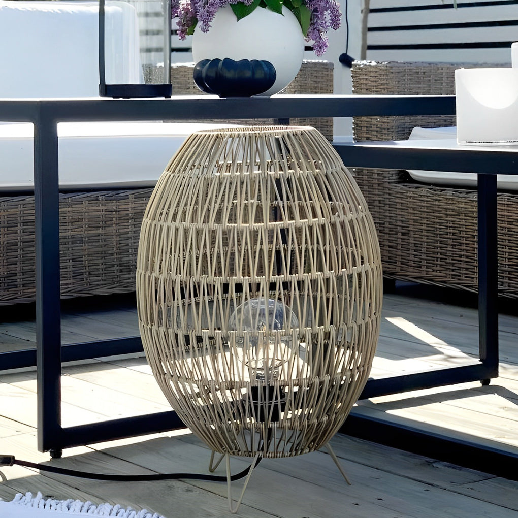 Handcrafted Rattan Oval Cage Outdoor Floor Lamp — Iron Frame, E27, IP65 Weatherproof, 12" × 20"