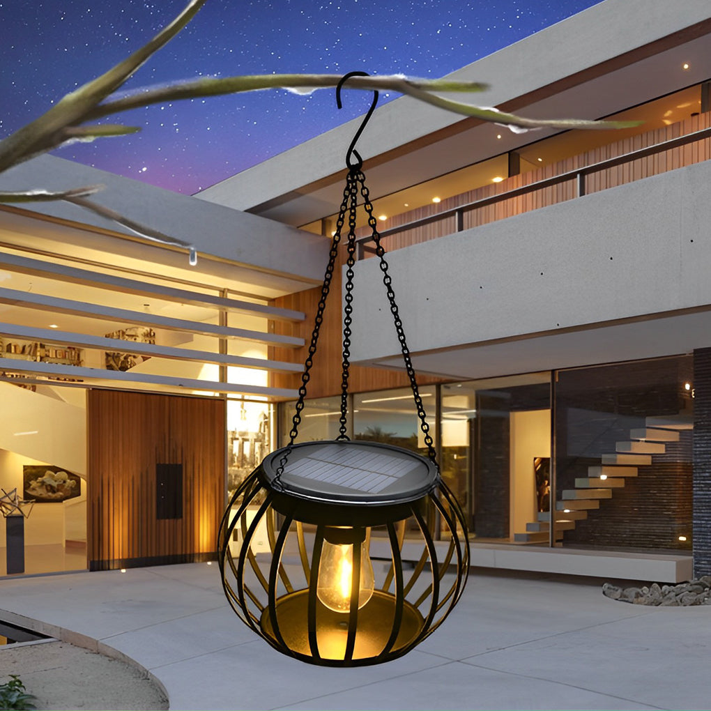 Pumpkin Solar Outdoor Lanterns, Set of 2 — Black Iron & ABS, LED, IP65, 7" Diameter, 12-Hour Runtime