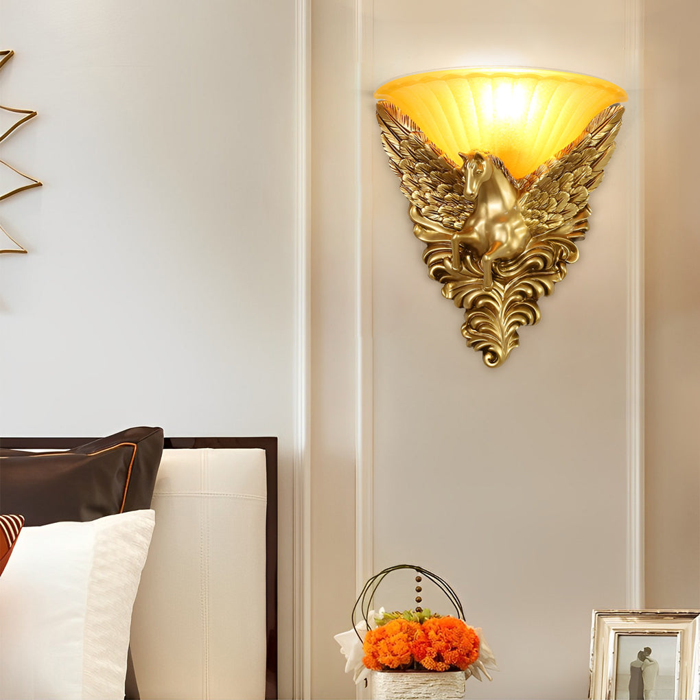 Resin Horse Head Wall Sconce — Gold, Frosted Glass, E27, 13.2" Wide, Warm White 3000K