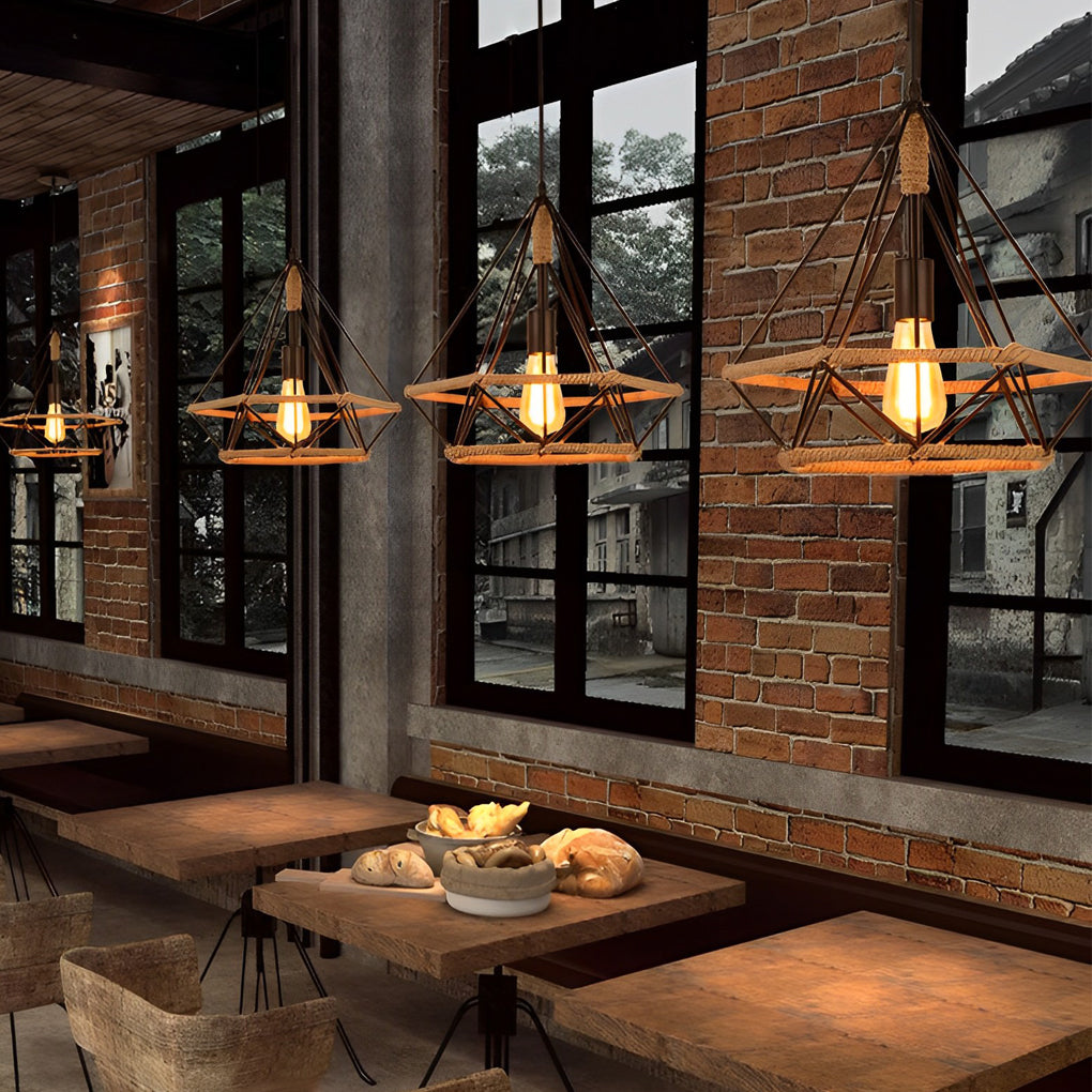Rustic Geometric Rope Lantern Pendant — Black Iron, Industrial, E27, 51" Adjustable Wire