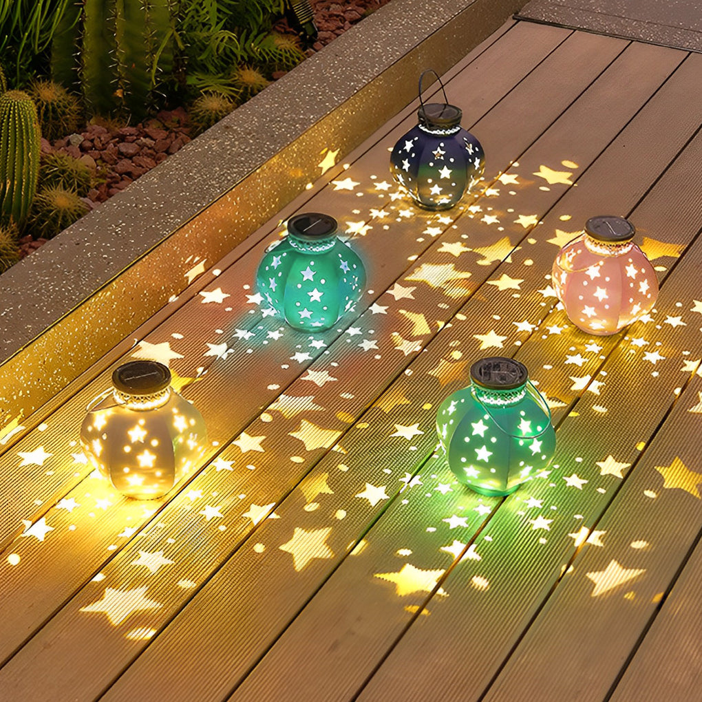 Star Projection Solar Outdoor Lantern — Iron, LED, Waterproof, 7.48" × 11"