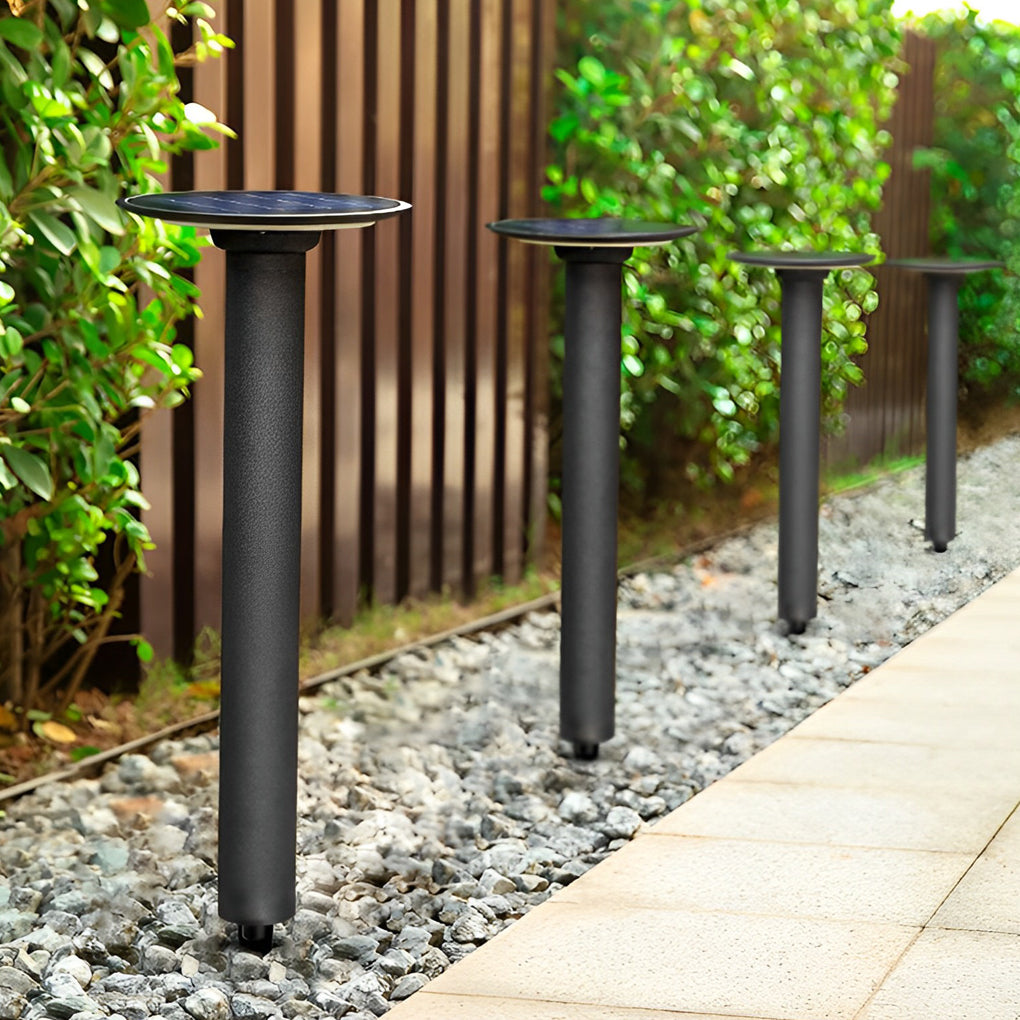 Round Solar Bollard Light — Die-Cast Aluminum, Black, Dusk-to-Dawn, Waterproof, 24"/31"/39"