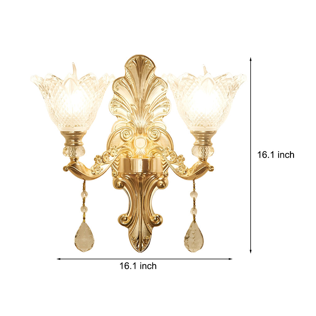 2-Light Flower Crystal Wall Sconce — Gold Aluminum Alloy, LED, Three-Step Dimming, 16.1" W