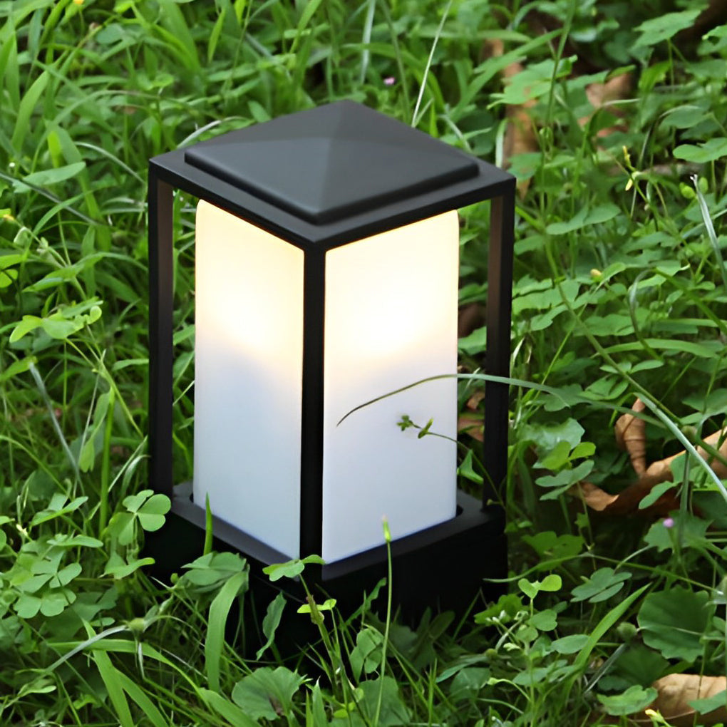 Cubic Bollard Lawn Lantern — Black Aluminum and Glass, 110V Low-Voltage LED, 3000K, IP33 Weatherproof, 4"×4"×8"