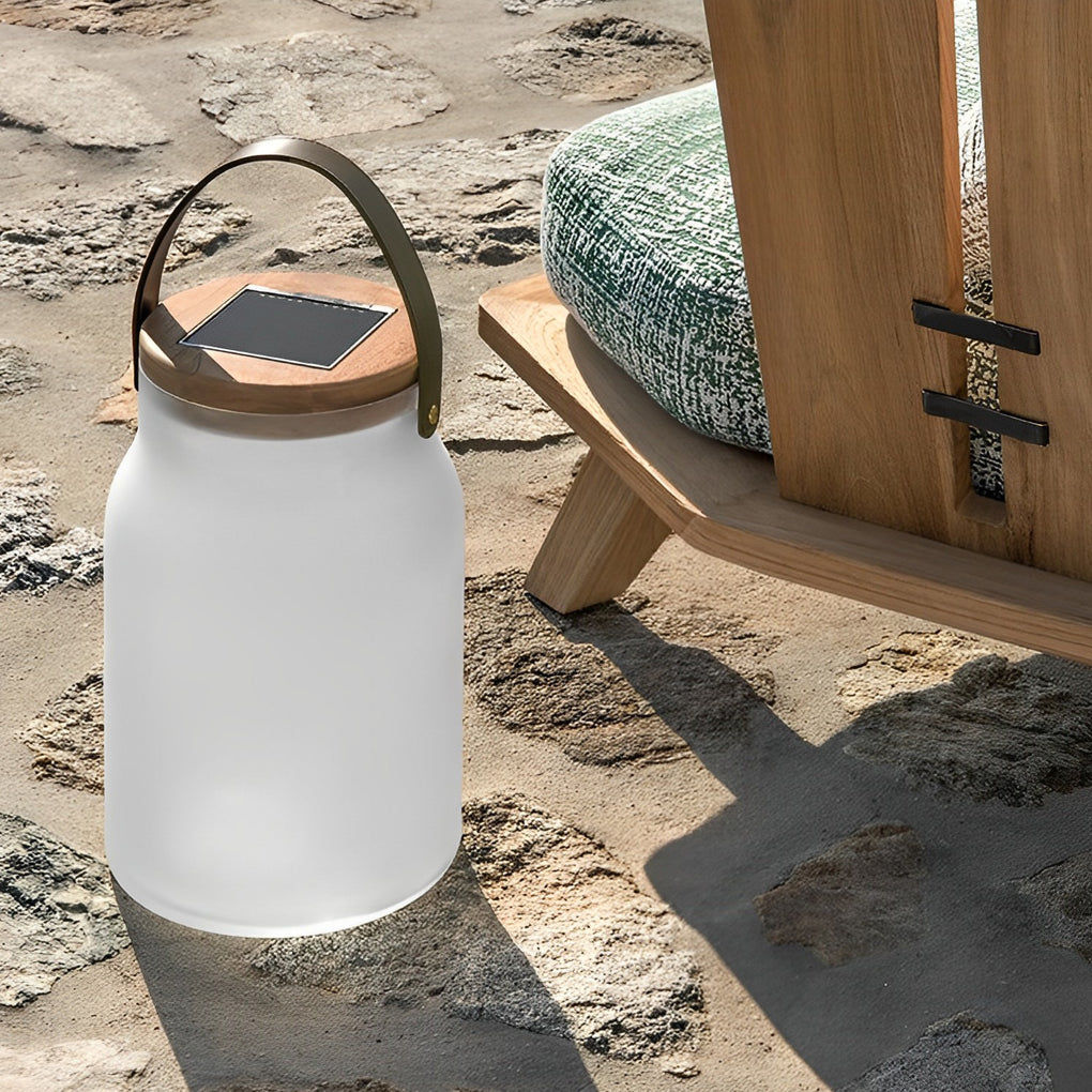 Bottle Jar Solar Portable Lantern — Glass and Teak Wood, LED Waterproof, 9" × 15", White
