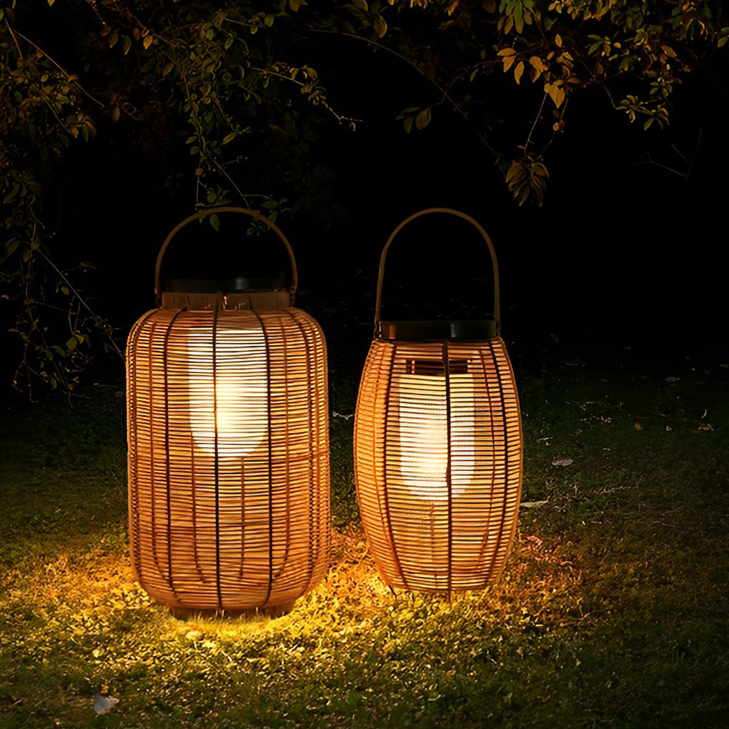 Hand-Woven Rattan Solar Portable Lantern Floor Lamp — Iron, LED, IP65 Weatherproof, 4500K
