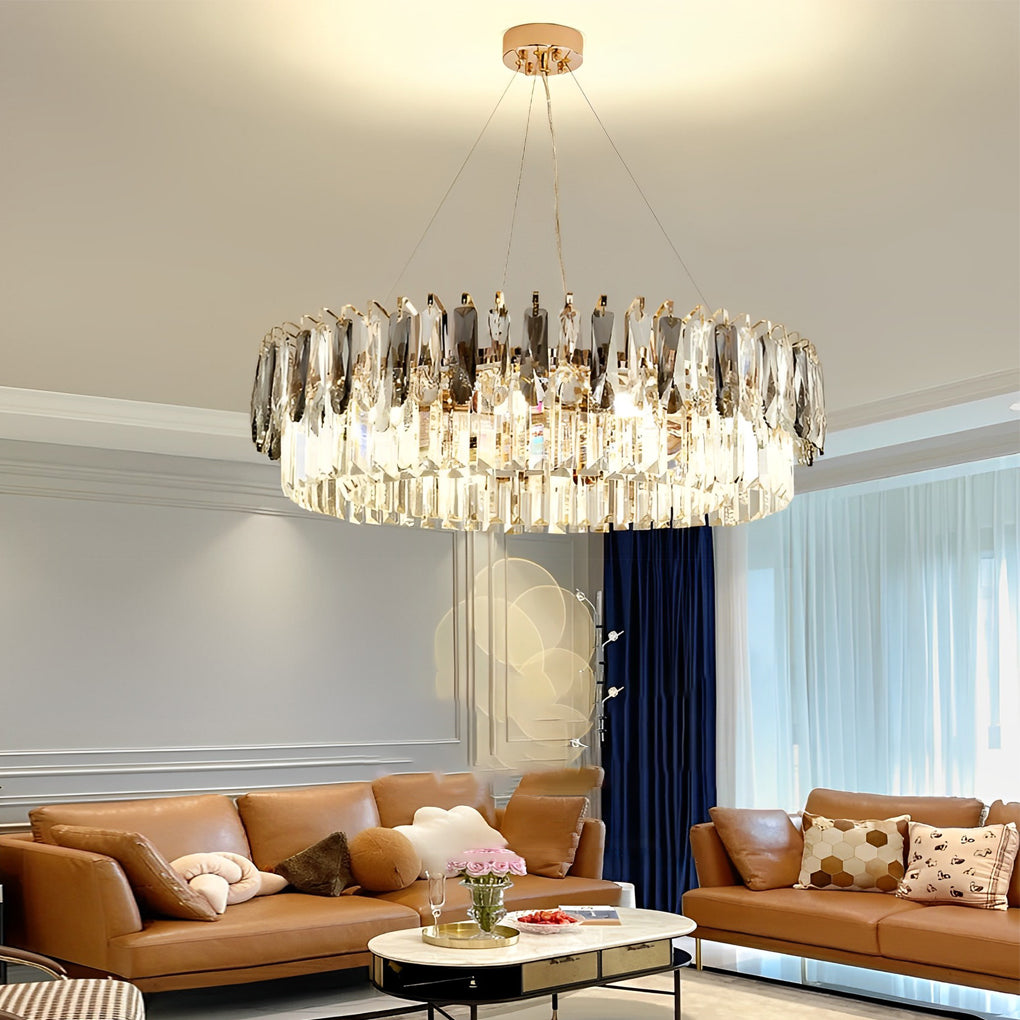 Modern Double-Layer Round Crystal Chandelier — Gold Electroplated Metal, Raindrop Crystal, Adjustable Height, 20"–39" Diameter