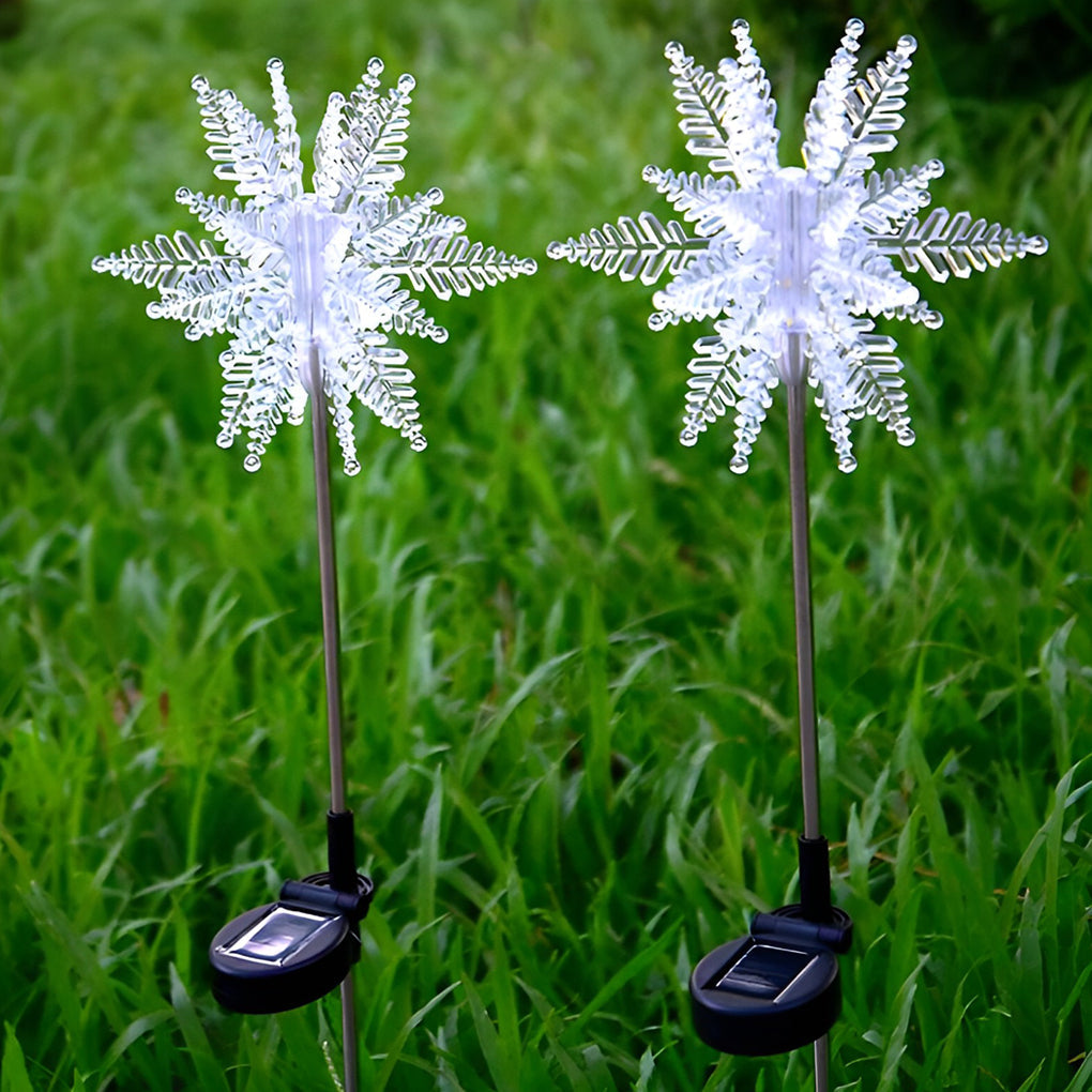 Snowflake Solar Lawn Lights, 2-Pack — Acrylic & Stainless Steel, LED Warm White, IP65, 8" Diameter
