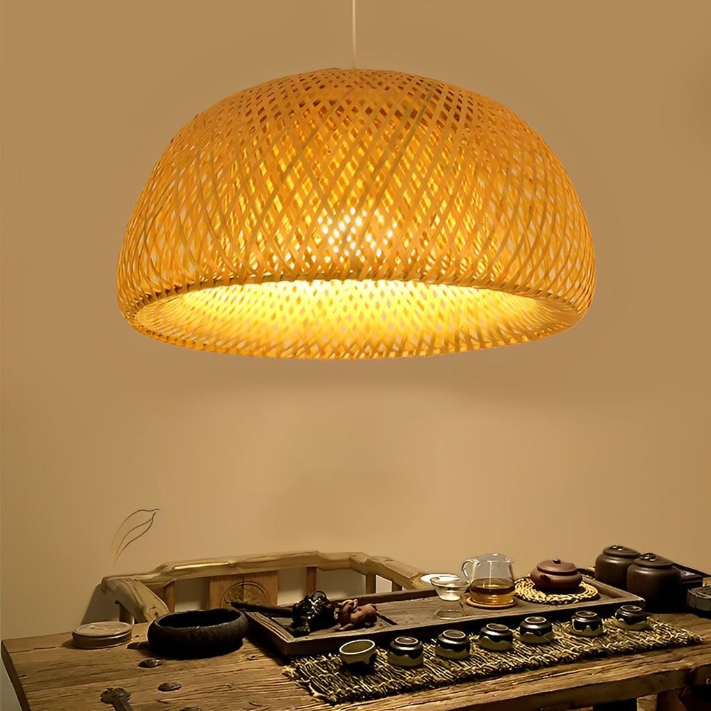 Hand-Woven Bamboo Lantern Chandelier — Rustic Modern, E27, Three-Step Dimming (3000K/4500K/6000K), 12"–18" Options