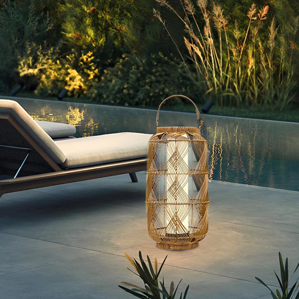 Rattan Solar Floor Lamp — PE Rattan and Iron, LED 3000K Warm White, Portable, Waterproof, 12" x 29"