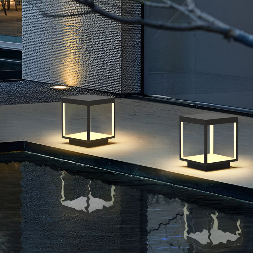 Contemporary Square Open-Frame Solar Pier-Mount Post Light — Stainless Steel & Acrylic, LED, IP54, Warm White 3000K