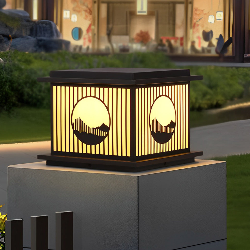 Modern Black Solar Pillar Lamp with Retro Mountain Scenery - Waterproof LED Design