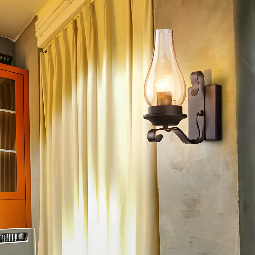 Industrial Retro Wall Sconce — Black Iron, E27, Blown Glass Shade, 8" × 12"